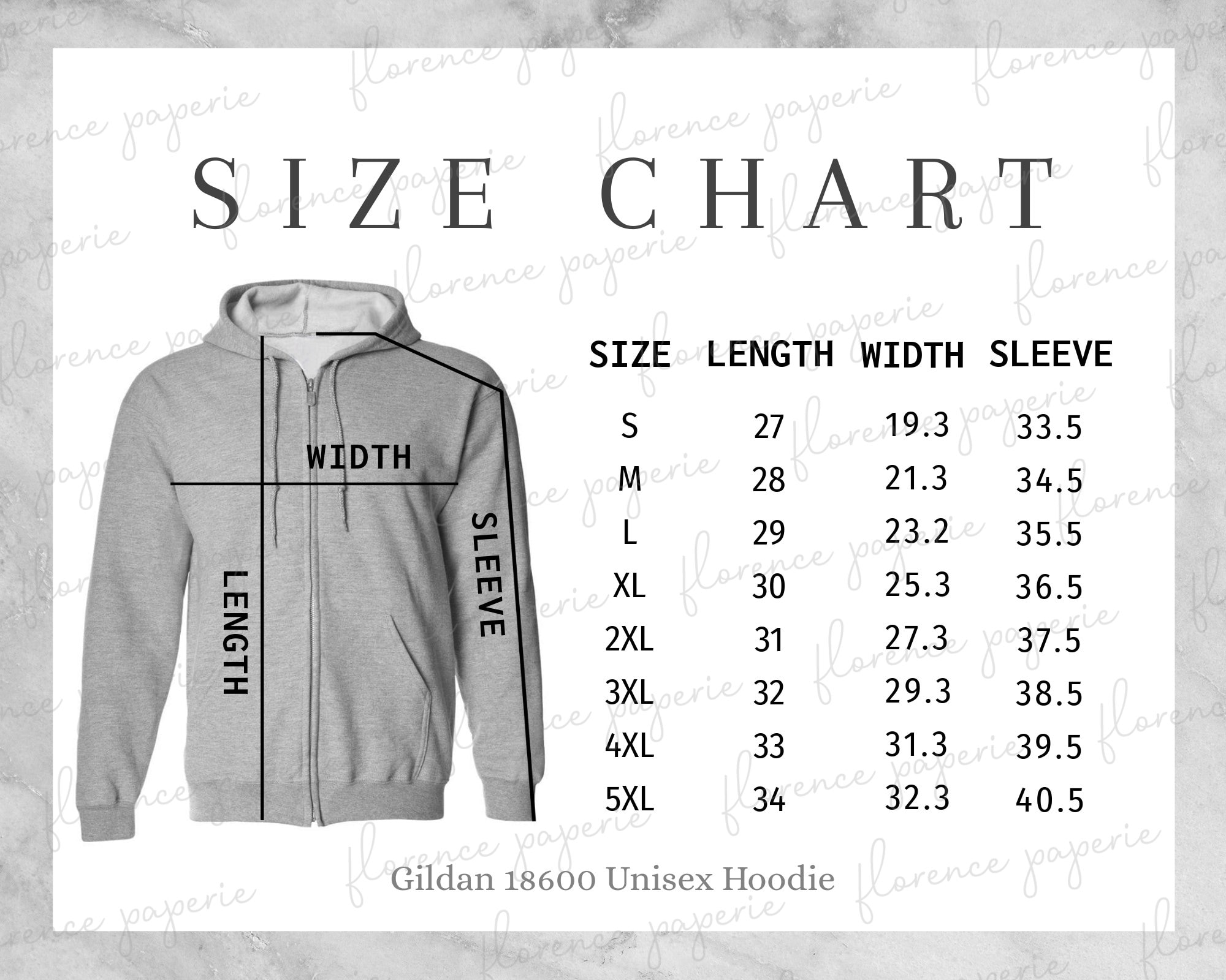 Gildan 18600 Hoodie Size Chart, Unisex Full Zip Hooded Sweatshirt