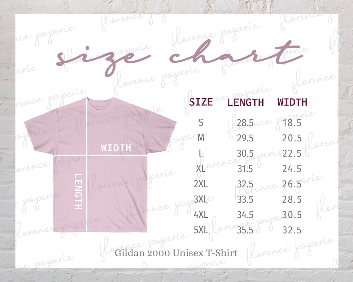 Gildan 2000 T-shirt Size Chart, Unisex Heavy Cotton Tee Size Chart ...