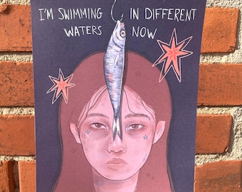 Dziewczyna z rybą – wydruk artystyczny: surrealistyczna ilustracja