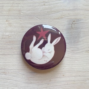 Pode incluir: Um coelho branco enroscado em uma bola com uma estrela vermelha acima. O coelho está em um fundo roxo escuro.