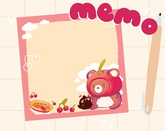 Beary Cherry Memo Sheets, Cute Kawaii Stationery, Notes Bujo Planner & Journal, Almond the Bear