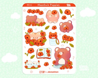 Mountain Poppies Sticker Sheet, Planner & Bujo Supplies, Kawaii Journal Stickers, Cute Stationery, Almond the Bear and Cat