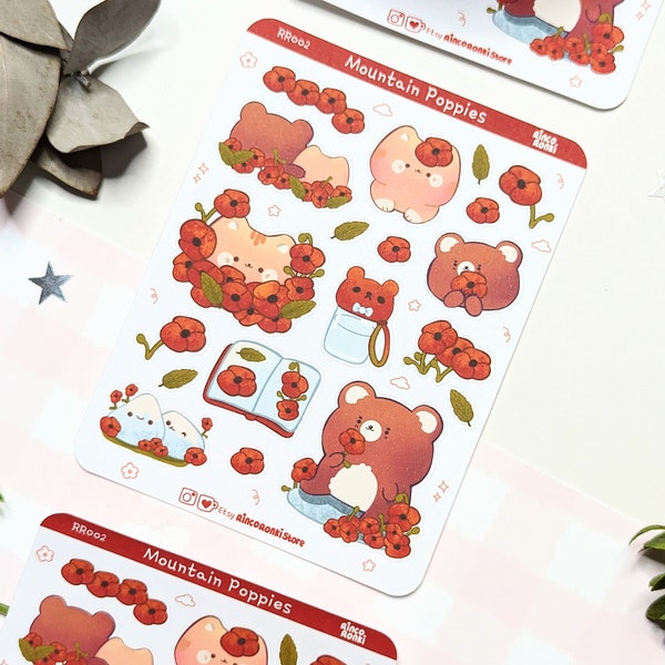 Mountain Poppies Sticker Sheet, Planner & Bujo Supplies, Kawaii Journal Stickers, Cute Deco Stationery, Almond the Bear and Cat