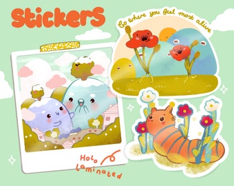 Adventure Vinyl Stickers, Poppies Mountains & Caterpillar, Cute and Kawaii Stationery, Notebook Laptop Bottle Stickers, Flower Stickers