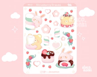 Strawberry Marshmallow Sticker Sheet, Planner & Bujo Supplies, Kawaii Journal Stickers, Cute Stationery, Soffi Rabbit and Floss Bear