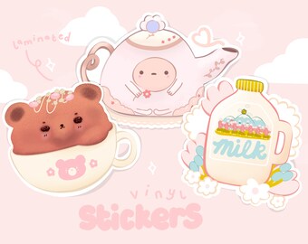Afternoon Tea Vinyl Stickers, Teapot Milk & Cake, Cute and Kawaii Stationery, Notebook Laptop Bottle Stickers,