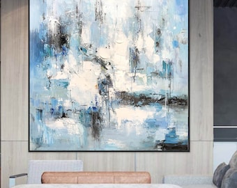 Dipinto originale di grandi dimensioni, astratto, blu, bianco e nero, su tela, opera d'arte moderna e materica di grande formato per pareti A238
