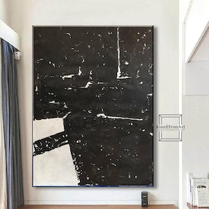 Large Black and White Abstract Oil Painting – Bold Textured Minimalist Geometric Wall Art AC55