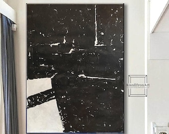 Large Black and White Abstract Oil Painting – Bold Textured Minimalist Geometric Wall Art AC55