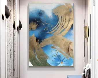 May include: Abstract painting with blue and gold brushstrokes and a single blue flower in the bottom right corner.