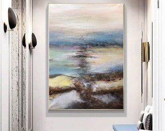 May include: Abstract landscape painting with a blue, green, and brown color scheme. The painting depicts a scene of water and land with a soft, dreamy feel.