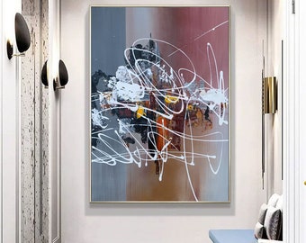 May include: Abstract painting with white, black, brown, and red lines and shapes on a canvas. The painting is framed in a gold frame.
