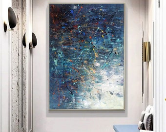 blue abstract painting on canvas large canvas wall art Jackson Pollock canvas painting original fine art contemporary wall art abstract A310