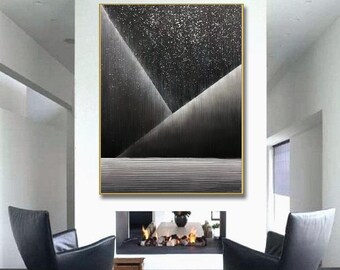 extra large abstract art, starry sky painting on canvas, abstract acrylic painting, black painting on canvas, living room painting A327