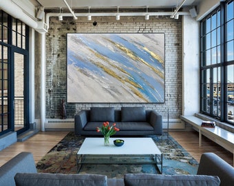 Extra Large Blue and Gold Abstract Oil Painting on Canvas – Modern Textured White Background Wall Art, Original Hand-Painted Artwork A57