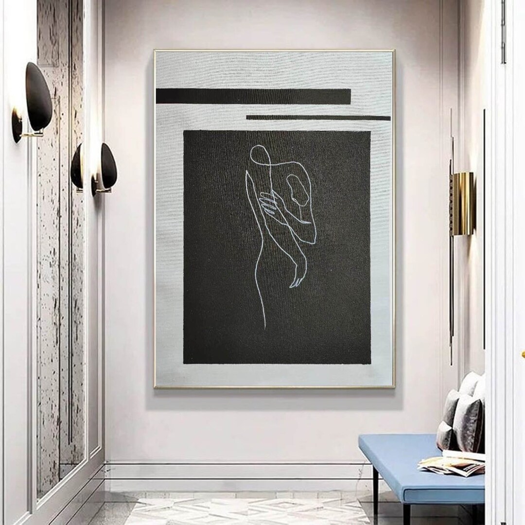Black and White Abstract Line Art – Large Modern Minimalist Large Oil ...