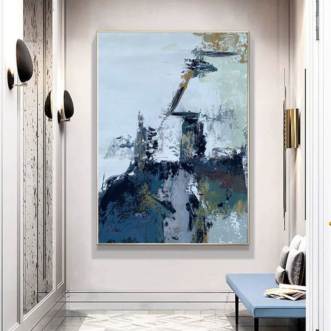 Luxury Abstract Wall Art in Blue and Gold Large Abstract Oil Painting ...
