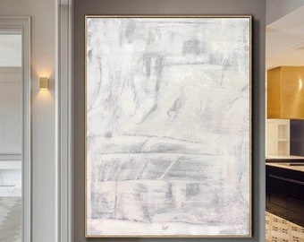 gran lienzo de pintura abstracta, arte minimalista de la pared abstracta, pintura blanca, pintura al óleo abstracto original, arte de pared de lienzo texturizado A178