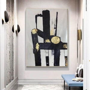 Black And White Abstract Painting, Large Abstract Painting Black Painting, White Painting, Gold Painting, Abstract Acrylic Wall Art AC155