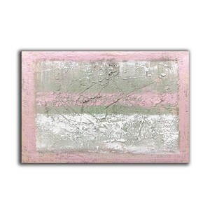 May include: Abstract painting with a textured, layered look. The painting features shades of pink, white, and gray.