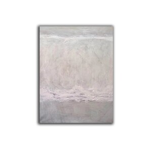 May include: Abstract painting with a textured, layered effect in shades of gray and white. The painting has a horizontal line dividing the canvas into two sections, with the top section being lighter than the bottom section.