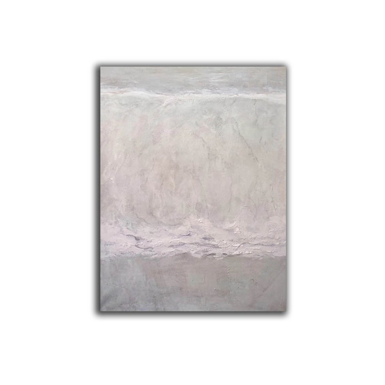 May include: Abstract painting with a textured, layered effect in shades of gray and white. The painting has a horizontal line dividing the canvas into two sections, with the top section being lighter than the bottom section.