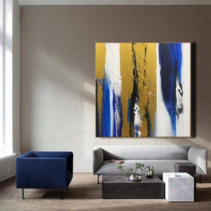 original oil painting abstract, gold painting on canvas, large abstract canvas art, blue painting abstract, textured wall art painting A352