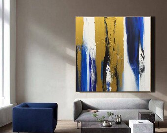original oil painting abstract, gold painting on canvas, large abstract canvas art, blue painting abstract, textured wall art painting A352