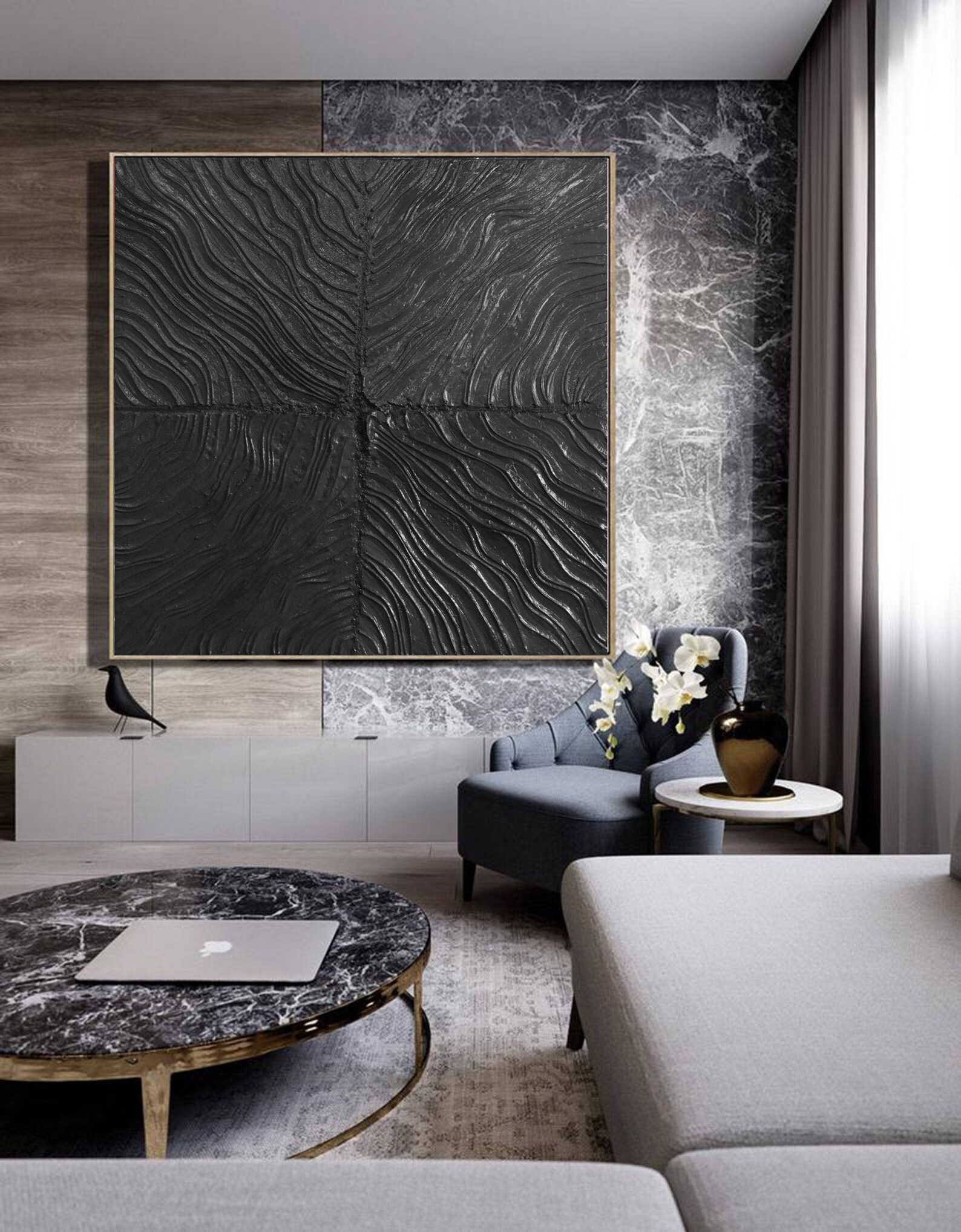 Black Abstract Painting, Black Painting, 3D Textured Painting on Canvas