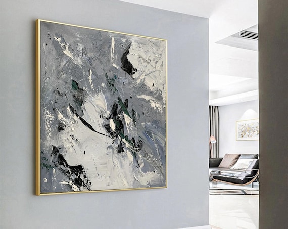 Black And White Painting, Paintings for Living Room, Oversize Canvas Art Black and White, Textured Painting, Hand Painted Art, White AC01