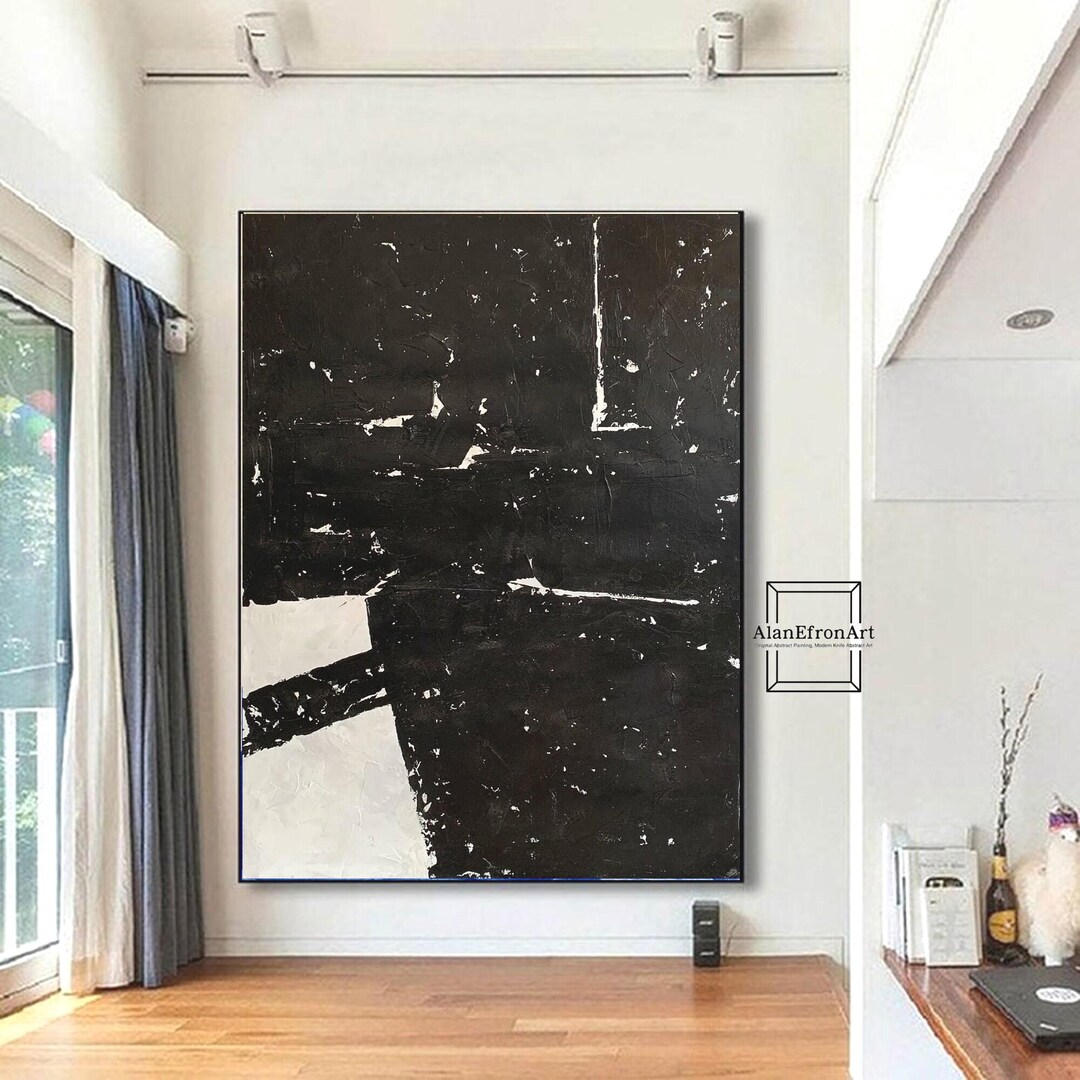 Large Black and White Abstract Oil Painting – Bold Textured Minimalist ...