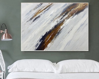 May include: Abstract painting with white, brown, and black brushstrokes on a canvas. The painting has a textured surface and a modern style.