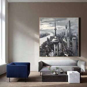 large city abstract painting, landscape painting on canvas, large canvas art black and white, original hand-painted painting abstract A342