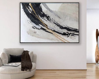 Large Black and White Abstract Painting, Original Minimalist Oversized Wall Art, Modern Monochrome Textured Oil Painting for Office, A212