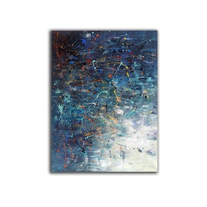 Puede incluir: Pintura abstracta con fondo azul y salpicaduras de color, incluyendo amarillo, naranja, rojo y verde.