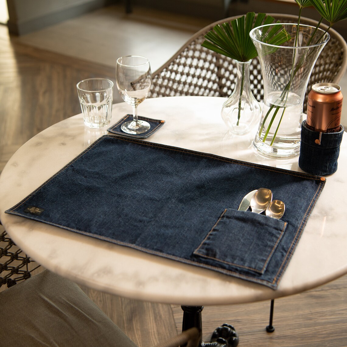 Dining Set of 4 ItemsDenim Placemat Glass CoasterFork&Knife Etsy