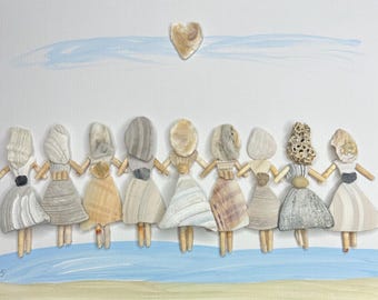 May include: A unique artwork featuring a group of figures crafted from seashells, holding hands. Each figure has a seashell head and skirt, with wooden stick arms and legs. A heart-shaped shell floats above them, with a blue and beige painted background.