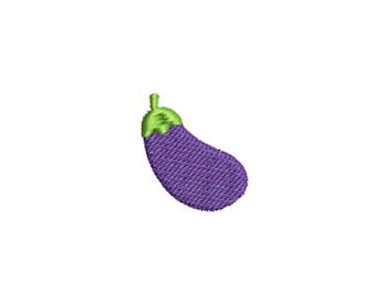 May include: A small purple eggplant with a green stem. The eggplant is embroidered on a white background.