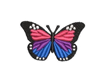May include: A black butterfly with pink, purple, and blue wings. The butterfly is a symbol of bisexuality.