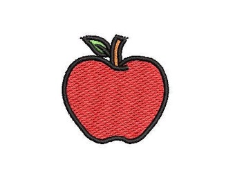 May include: A red apple with a green leaf and a brown stem. The apple is outlined in black.