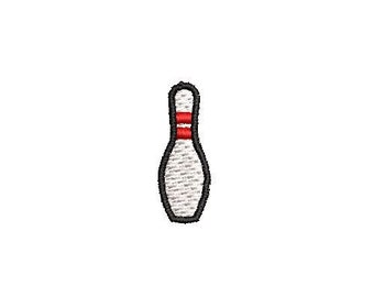 May include: A white bowling pin with red stripes and a black outline.