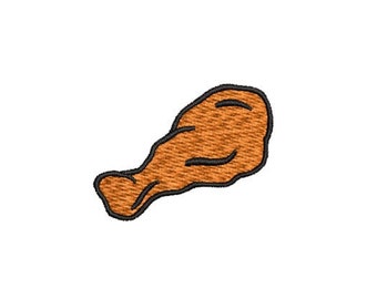 May include: A cartoon illustration of a fried chicken drumstick. The drumstick is brown and has a black outline.