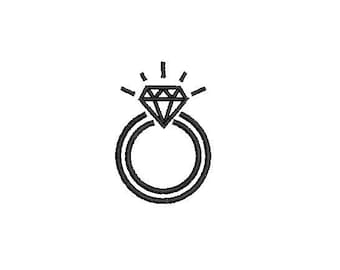 May include: A black and white line drawing of a ring with a diamond on top.