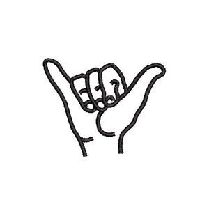 May include: A black and white line drawing of a hand making the shaka sign, a popular Hawaiian gesture of peace, aloha, and good vibes.