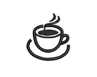 May include: Black and white line art illustration of a coffee cup and saucer with steam rising from the cup.