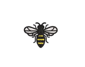 May include: A black and yellow bee with white wings. The bee is in a simple cartoon style.