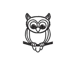 May include: A black and white line drawing of an owl perched on a branch. The owl has large, round eyes and a small beak.
