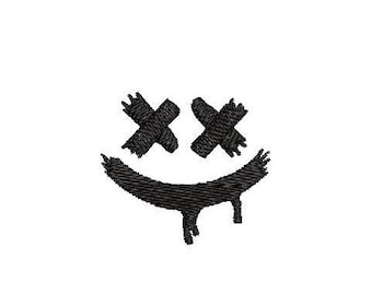 May include: Black and white graphic of a smiley face with X's for eyes and a dripping mouth.