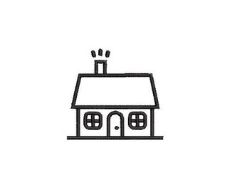 May include: A black and white line drawing of a small house with a chimney and two windows.