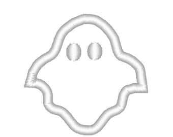 May include: A white ghost with two black eyes. The ghost is outlined in a white, wavy line.